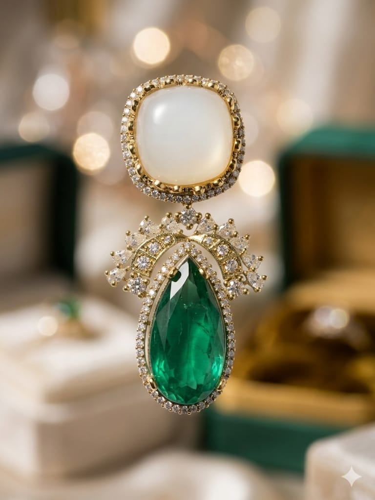 Emerald Luxe Drop Earrings with Ivory Stone Stud & Diamond Finish Detailing