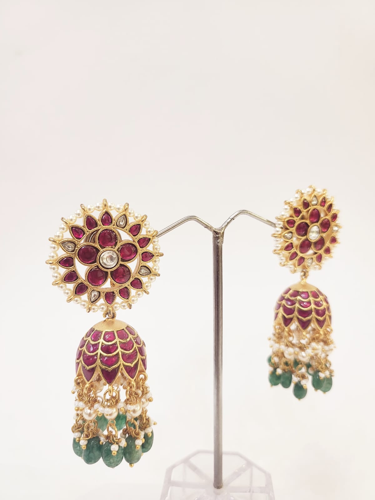 Maharani Ruby Kundan Jhumka Earrings with Emerald Drops