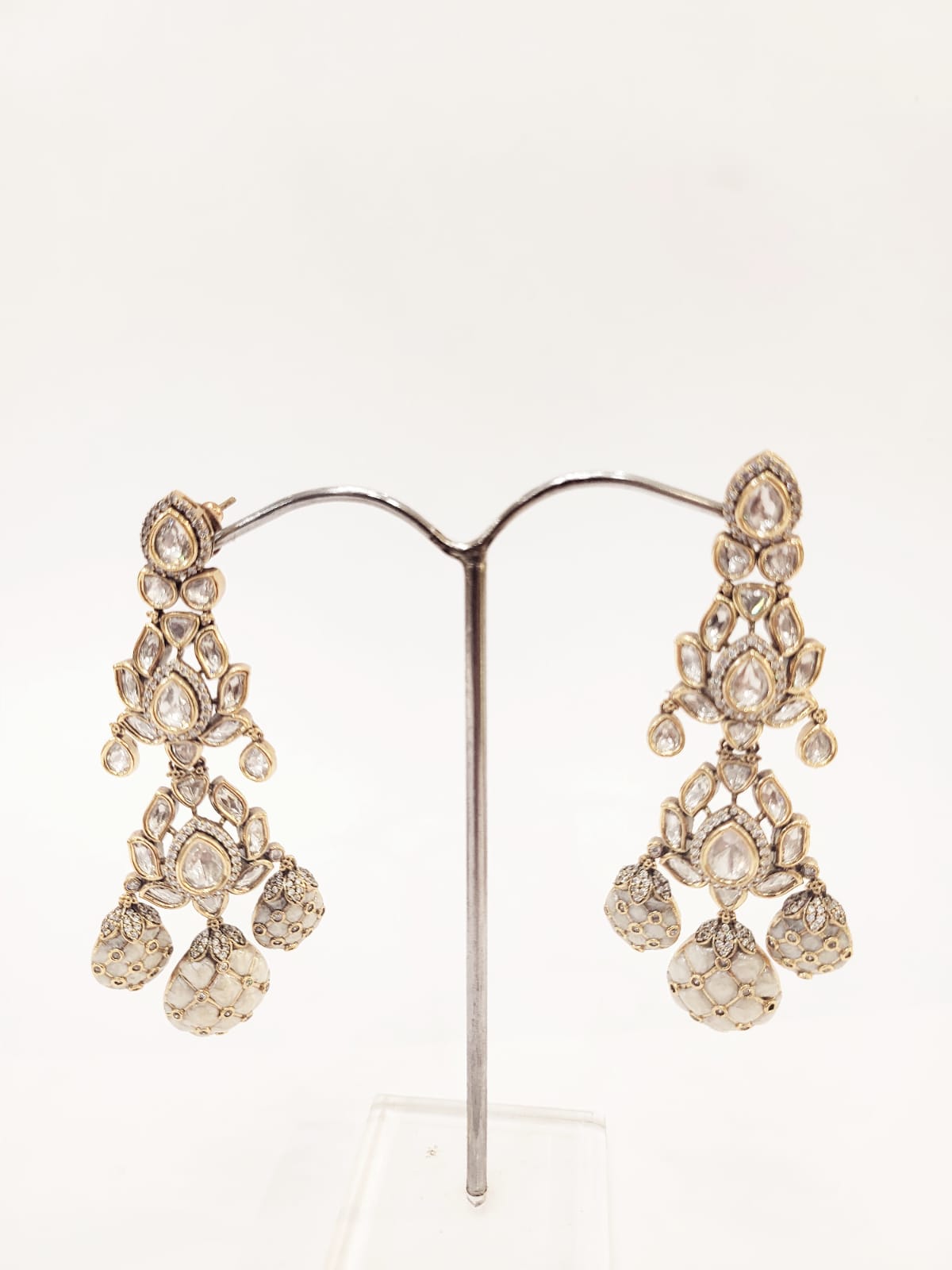 Royal Ivory Kundan Chandbali Drop Earrings with Pearl Cluster