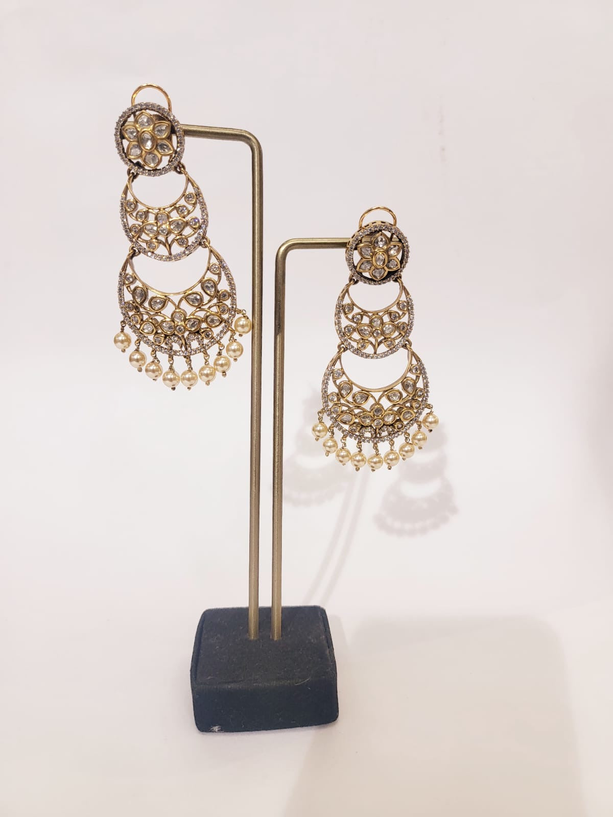 Three-Tier Antique Gold Chandbali Earrings with Polki & Pearl Accents