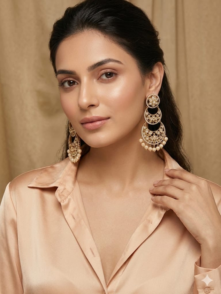 Three-Tier Antique Gold Chandbali Earrings with Polki & Pearl Accents