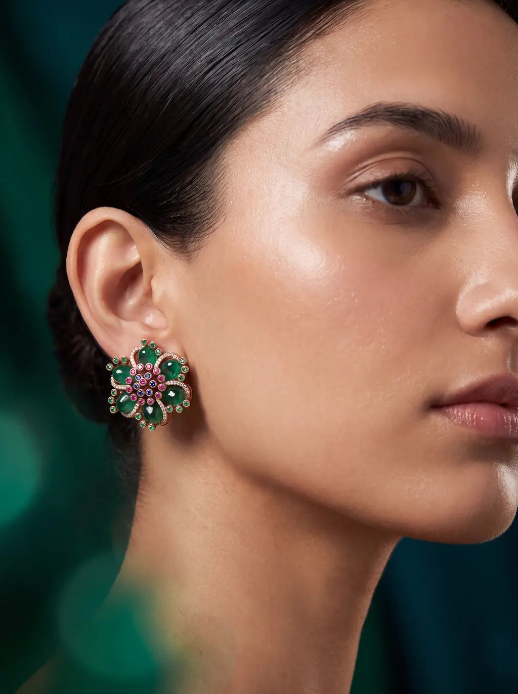 Elegant Emerald Floral Stud Earrings – Pink & Green Stone Statement Earrings