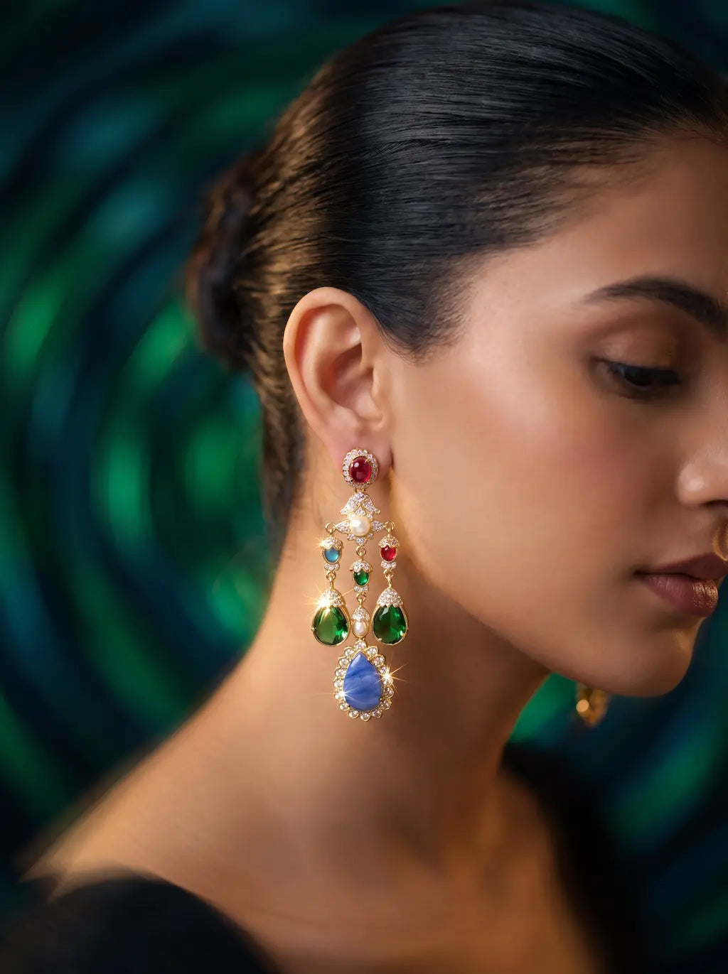 Multicolor Gemstone Chandelier Earrings with Pearl & Blue Lace Agate Drop