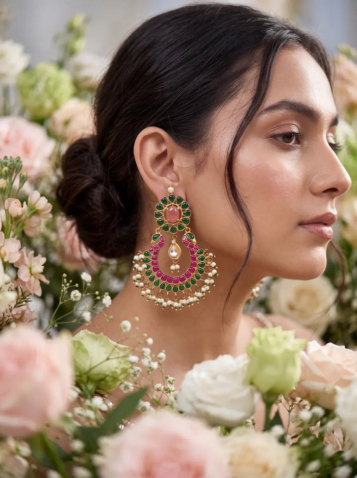 Green & Pink Kundan Chandbali Earrings with Pearl Fringe in Antique Gold
