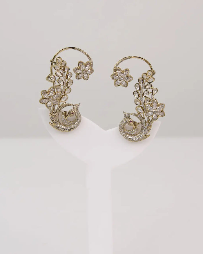 Floral Peacock Kundan Ear Cuff Earrings | Gold-Tone Crystal Statement Jewellery