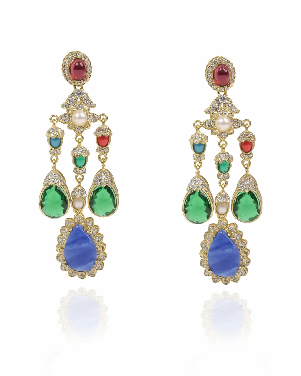 Multicolor Gemstone Chandelier Earrings with Pearl & Blue Lace Agate Drop