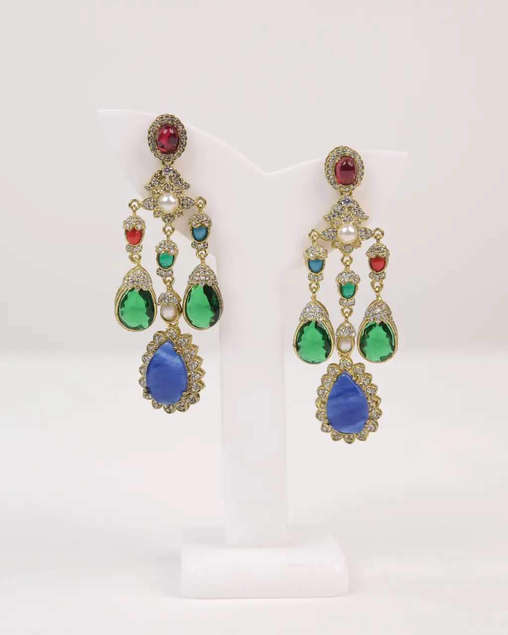 Multicolor Gemstone Chandelier Earrings with Pearl & Blue Lace Agate Drop