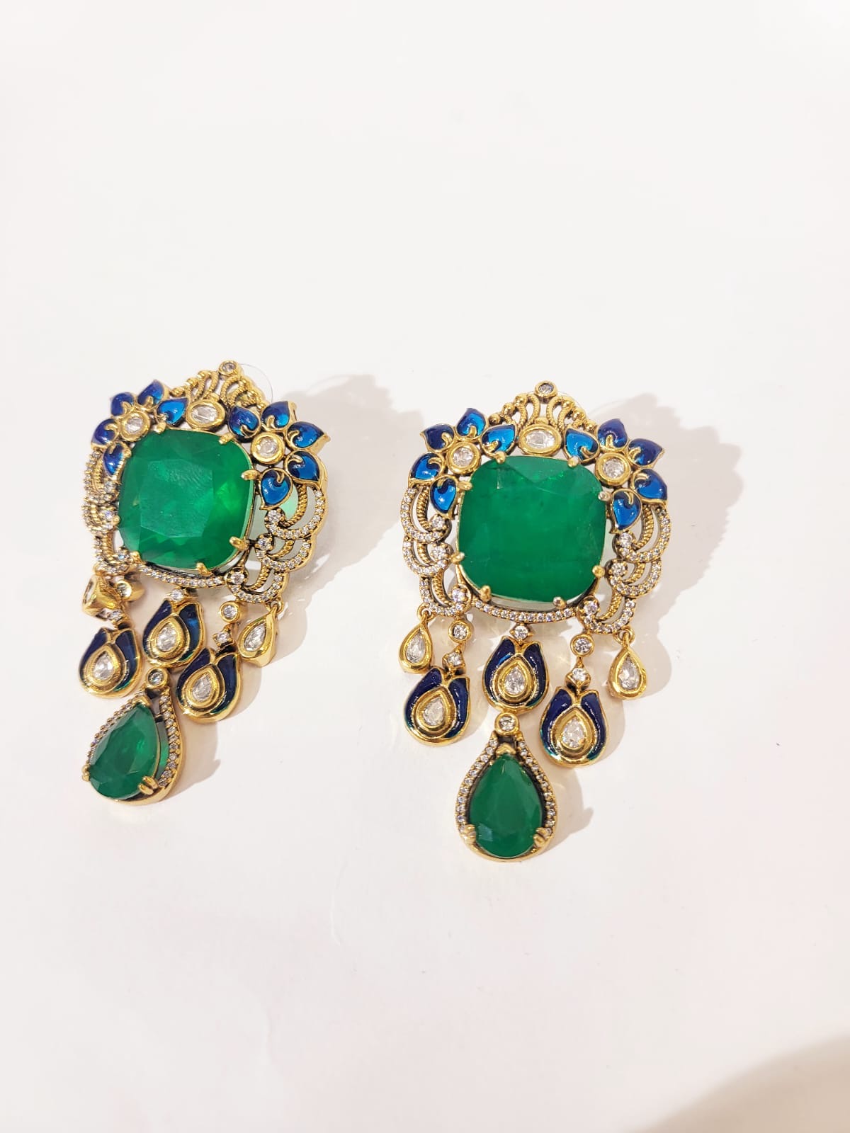 The Imperial Emerald & Royal Blue Meenakari Chand Drops