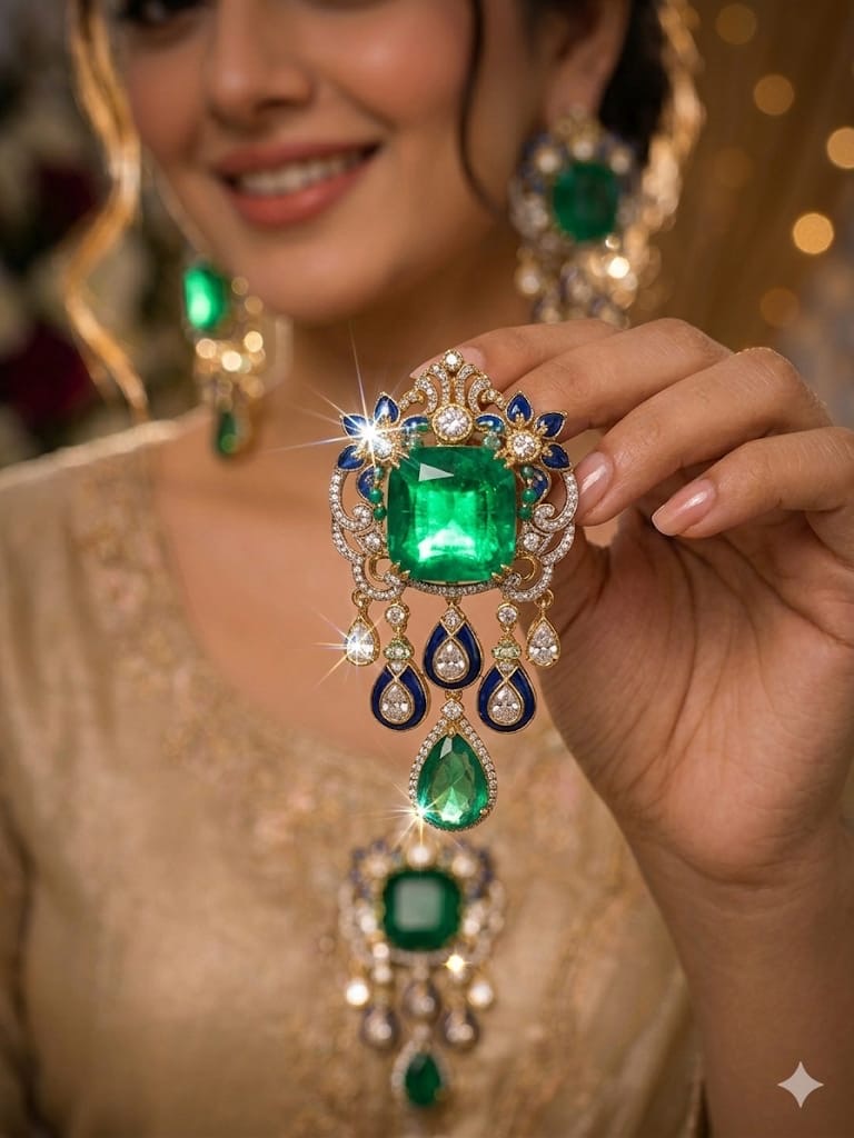 The Imperial Emerald & Royal Blue Meenakari Chand Drops