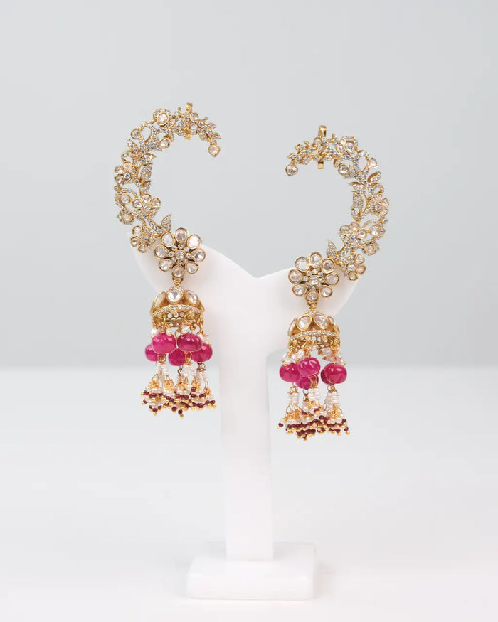 Gold-Plated Kundan Jhumka Earrings with Ruby Beads & Ear Cuff
