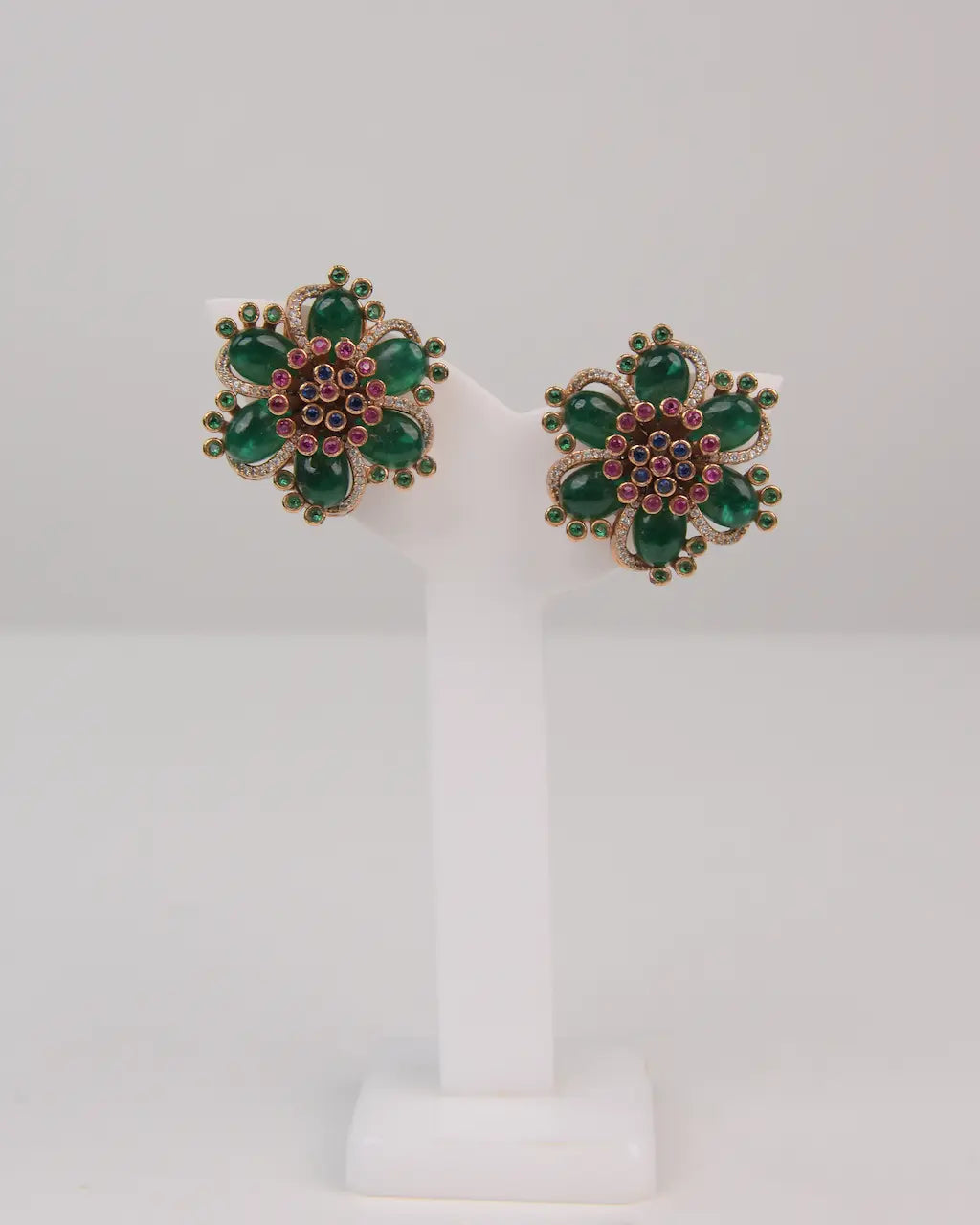 Elegant Emerald Floral Stud Earrings – Pink & Green Stone Statement Earrings