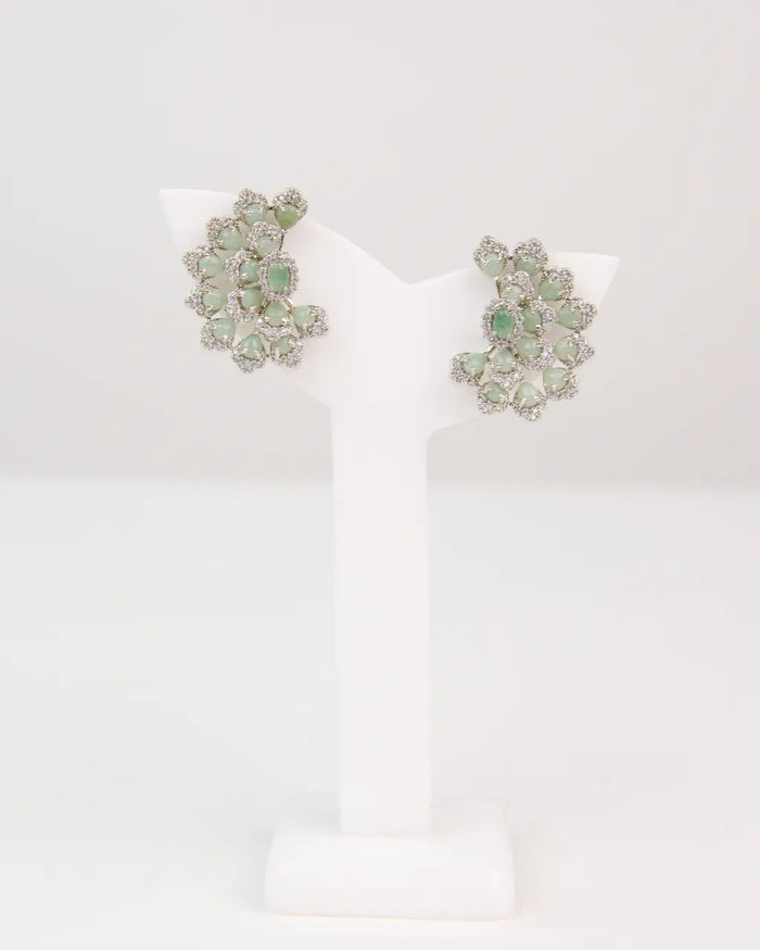 Elegant Mint Green Floral Cluster Earrings – Crystal Embellished Statement Studs