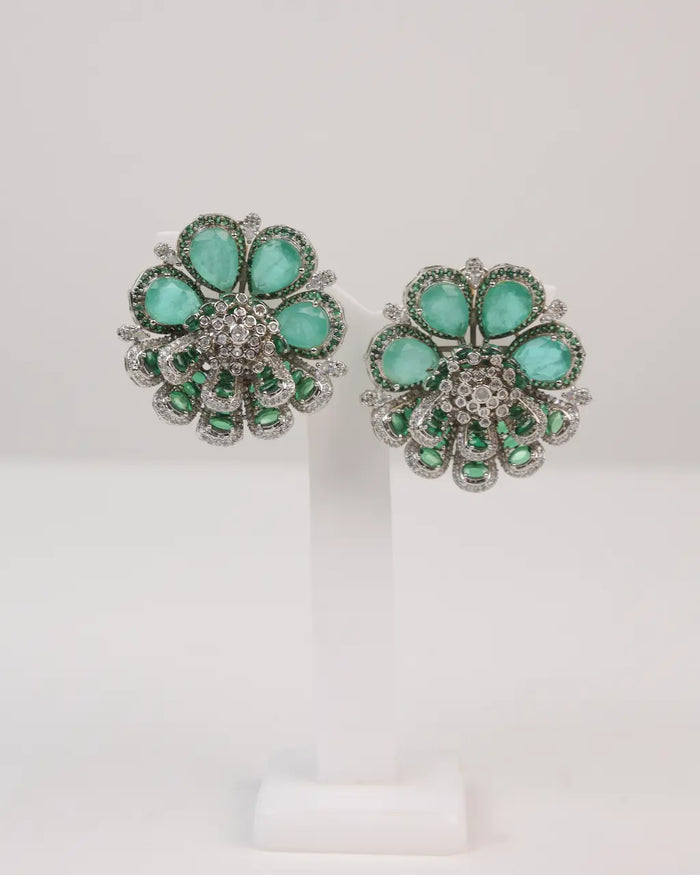 Emerald Green Floral Stud Earrings – Crystal Embellished Statement Jewellery
