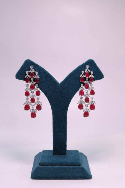 Red & silver stone studded drop earrings