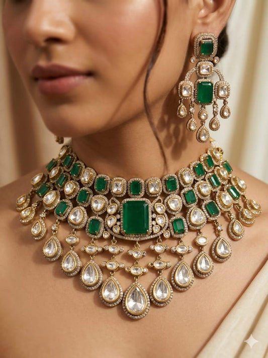 Maharani Emerald Kundan Choker with Pearl Layers
