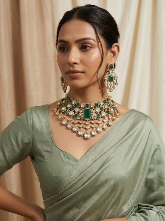 Maharani Emerald Kundan Choker with Pearl Layers