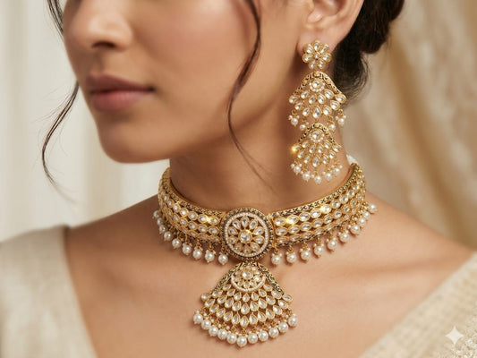 Rajwada Kundan Pearl Choker Set with Statement Jhumkas