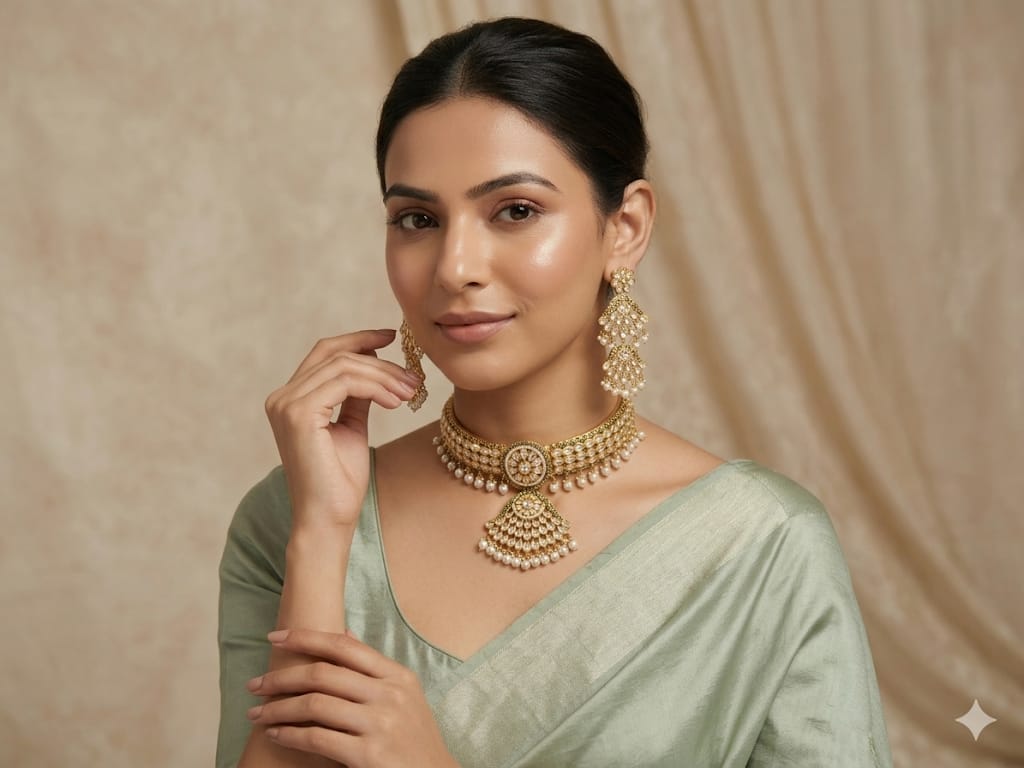 Rajwada Kundan Pearl Choker Set with Statement Jhumkas