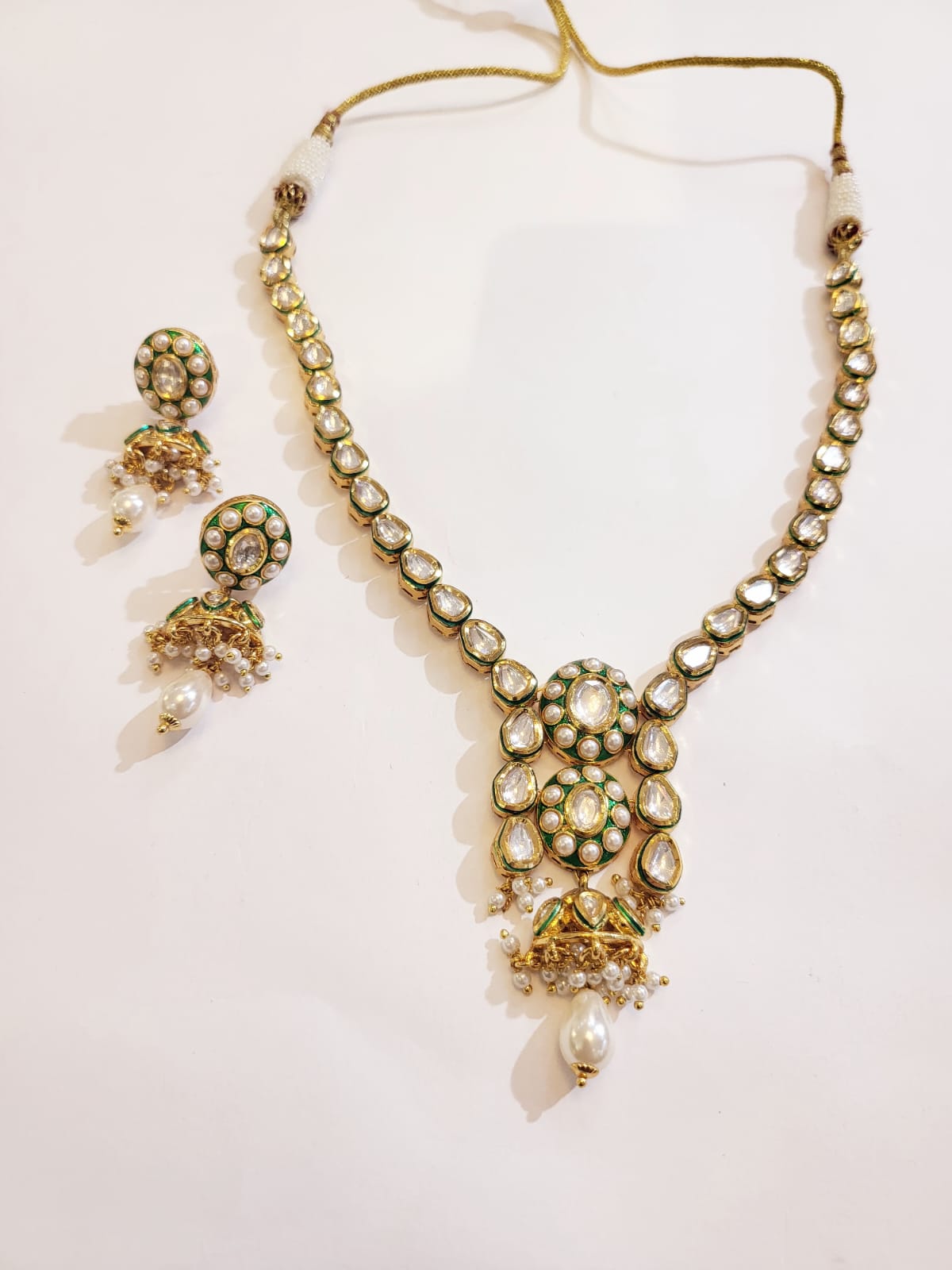 Noor Emerald Kundan Pendant Necklace Set with Pearl Drops