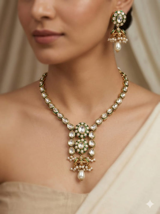 Noor Emerald Kundan Pendant Necklace Set with Pearl Drops