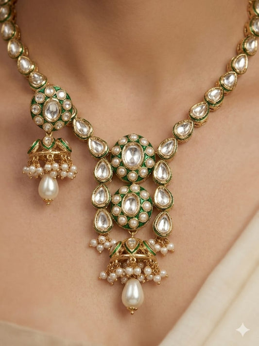 Noor Emerald Kundan Pendant Necklace Set with Pearl Drops