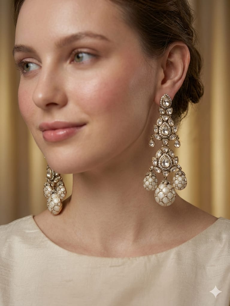 Royal Ivory Kundan Chandbali Drop Earrings with Pearl Cluster