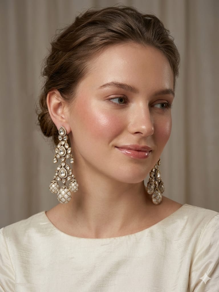Royal Ivory Kundan Chandbali Drop Earrings with Pearl Cluster