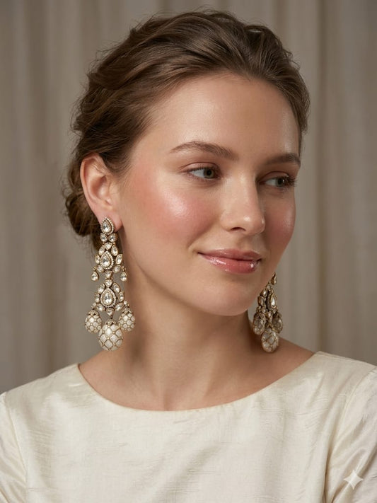 Royal Ivory Kundan Chandbali Drop Earrings with Pearl Cluster
