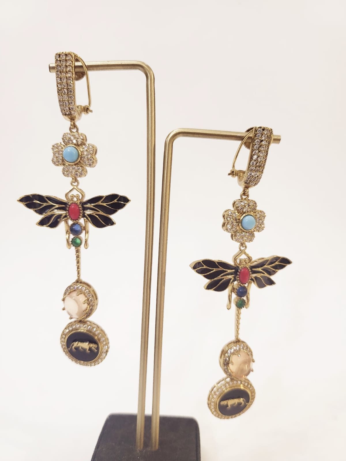 Designer Dragonfly Multistone Drop Earrings with Enamel Wings & Crystal Detailing