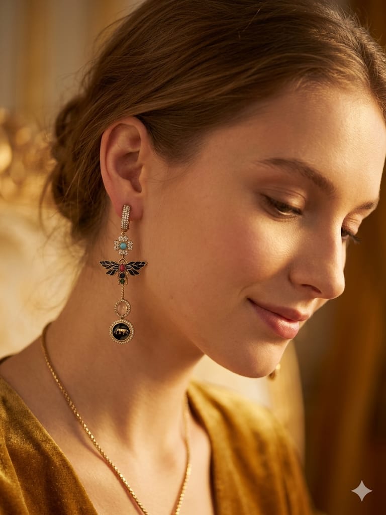 Designer Dragonfly Multistone Drop Earrings with Enamel Wings & Crystal Detailing