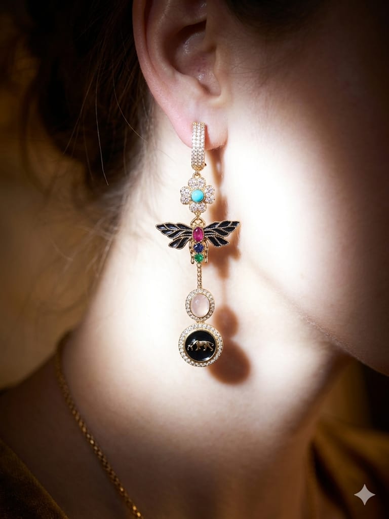 Designer Dragonfly Multistone Drop Earrings with Enamel Wings & Crystal Detailing