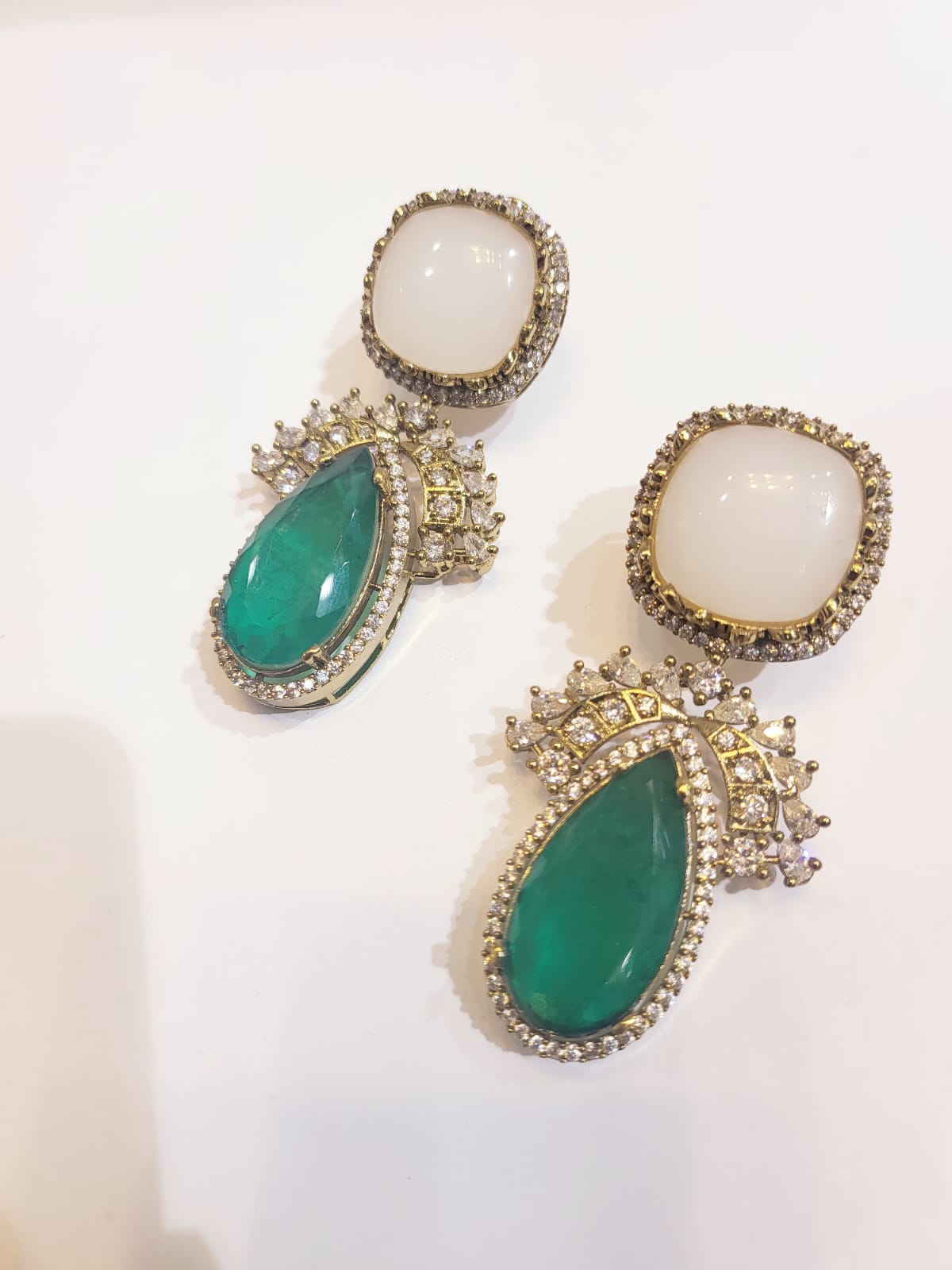 Emerald Luxe Drop Earrings with Ivory Stone Stud & Diamond Finish Detailing