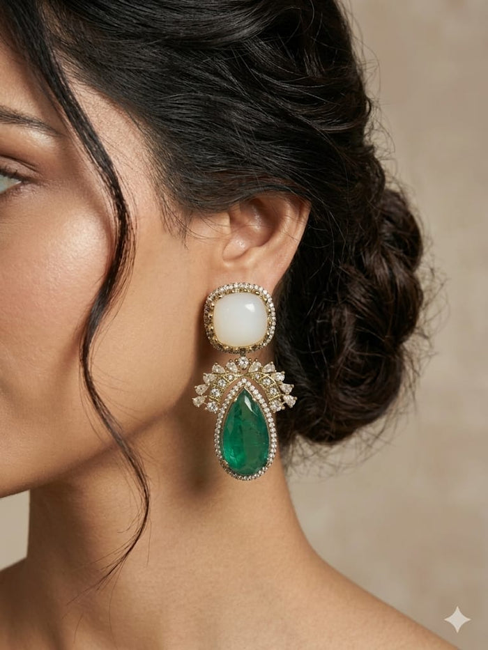 Emerald Luxe Drop Earrings with Ivory Stone Stud & Diamond Finish Detailing