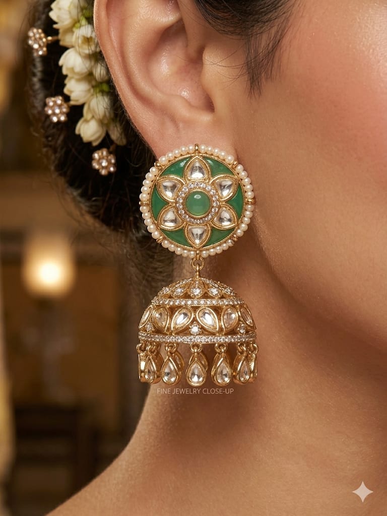 Royal Emerald Kundan Jhumka Earrings with Pearl Detailing & Floral Stud