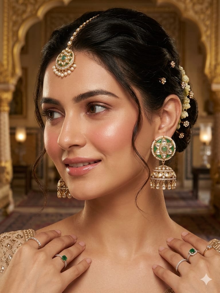 Royal Emerald Kundan Jhumka Earrings with Pearl Detailing & Floral Stud