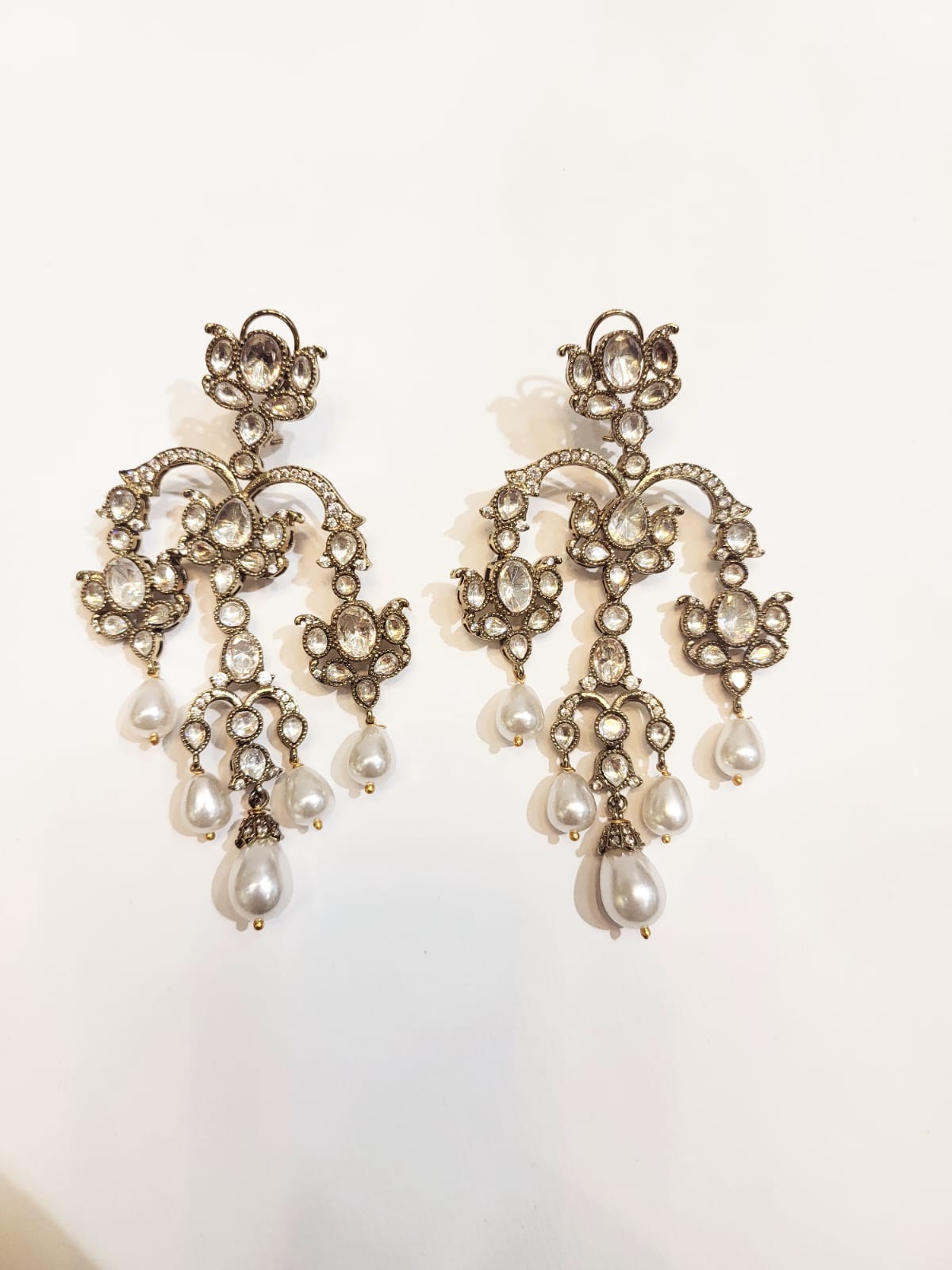 Royal Kundan Pearl Chandelier Earrings with Vintage Diamond Finish