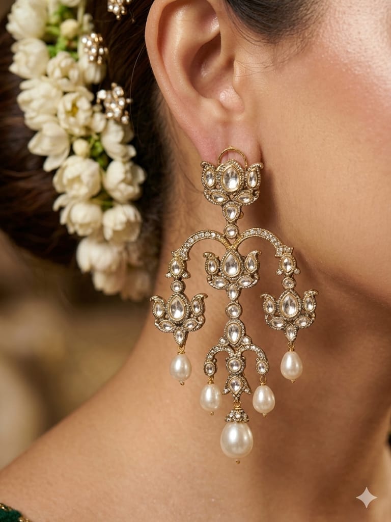 Royal Kundan Pearl Chandelier Earrings with Vintage Diamond Finish