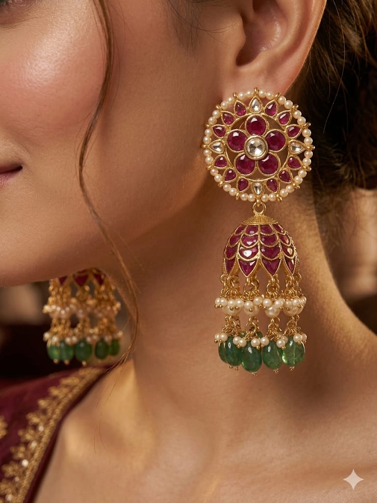 Maharani Ruby Kundan Jhumka Earrings with Emerald Drops