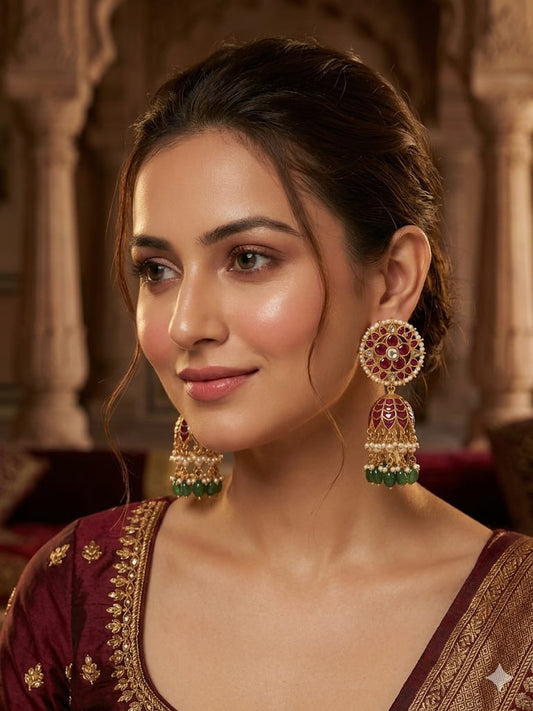 Maharani Ruby Kundan Jhumka Earrings with Emerald Drops