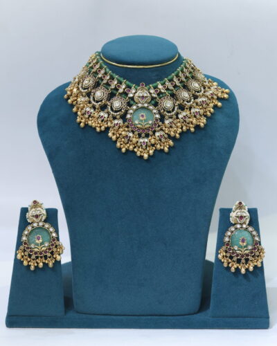 Gold plated green embellished stone choker set